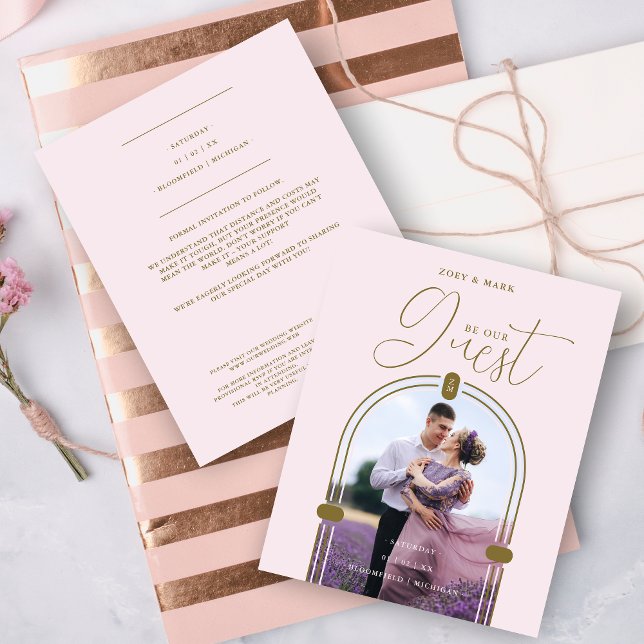 Papier Inexpensive Romantic Pink Arch Photo & Initials QR (Inexpensive Low Cost Romantic Pink Arch Photo & Initials QR Code Save the Date Card with Envelope.)