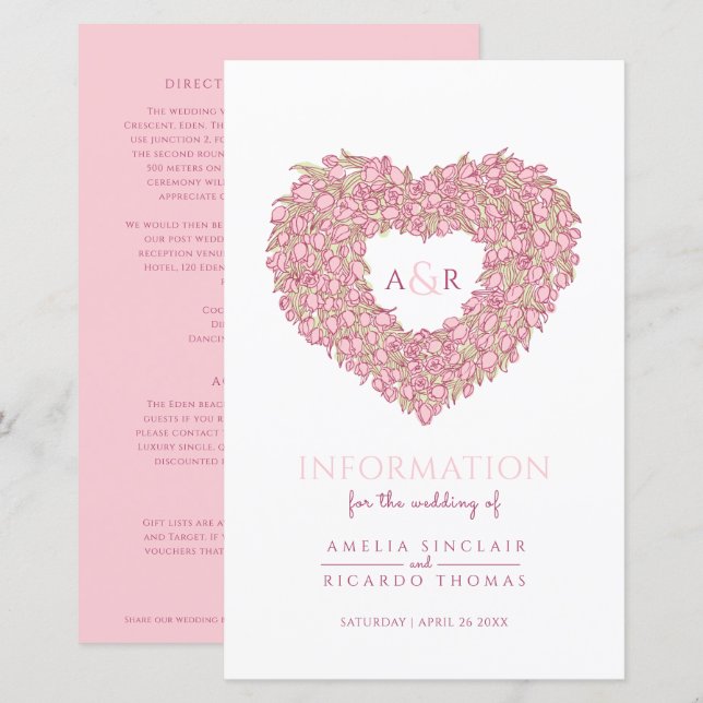 Papier Informations sur le mariage du coeur de tulipe ros (Devant / Derrière)