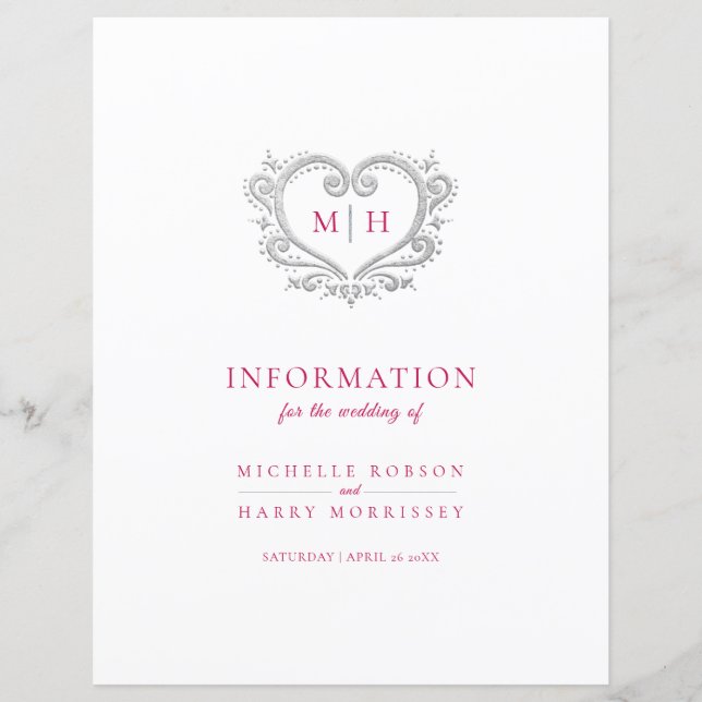 Papier Informations sur le mariage du monogramme du coeur (Devant)