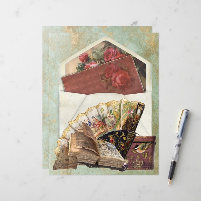 Papier Insérer éventail dans une enveloppe ancienne, boît (Devant/Arrière en situation)