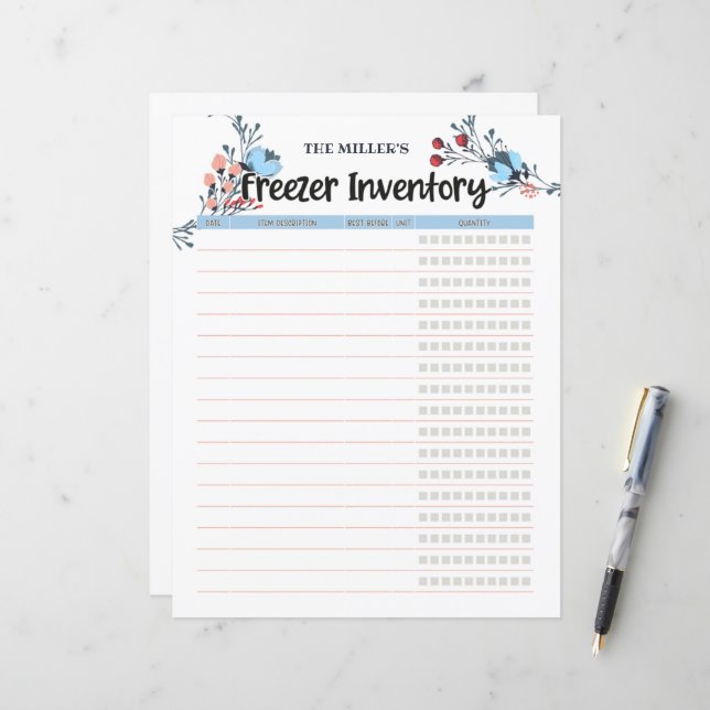 Papier Inventaire floral de congélateur bleu (Devant/Arrière en situation)