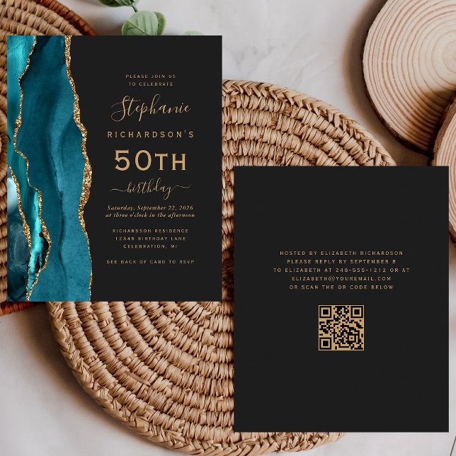 Papier Invitation 50e anniversaire code QR Agate sarcelle (Créateur téléchargé)