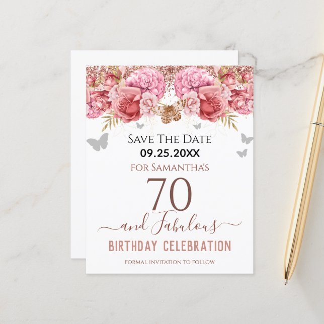 Papier Invitation 70e anniversaire Floral Rose Enregistre (Devant/Arrière en situation)