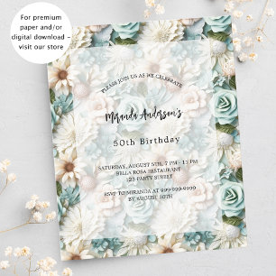 Papier Invitation à budget floral blanc vert d'anniversai