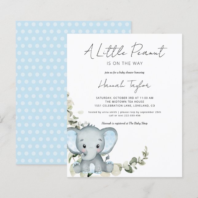 Papier Invitation à la Baby Shower Garçon Eléphant Économ (Devant / Derrière)