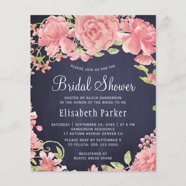 Papier Invitation à la douche nuptiale à budget floral ro (Devant)
