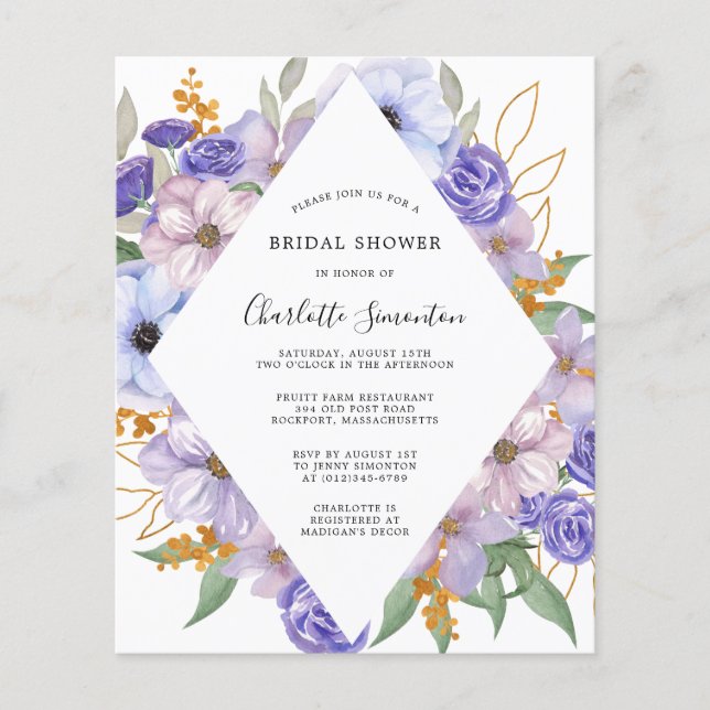Papier Invitation à la douche nuptiale bleu violet budget (Devant)