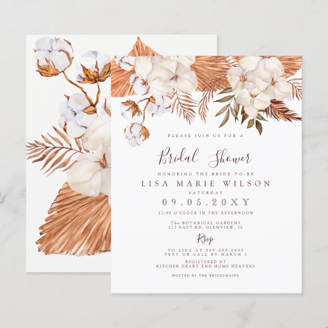 Papier Invitation à la douche nuptiale Boho Pampas Budget (Devant / Derrière)