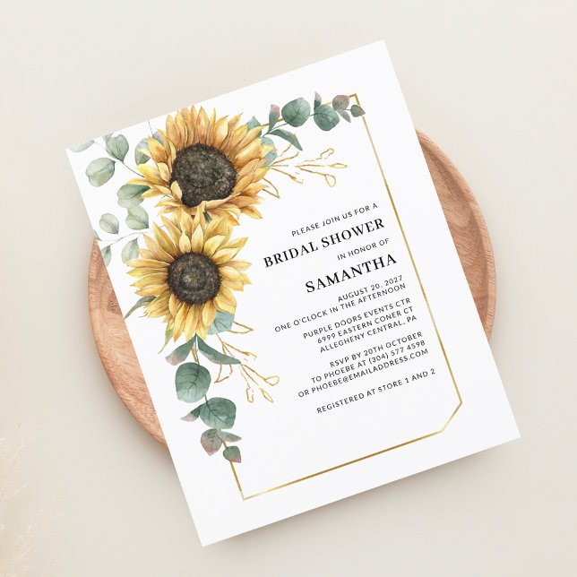 Papier Invitation à la douche nuptiale de tournesol Eucal (Sunflower Eucalyptus Greenery Buddet Bridal Shower Invitation)