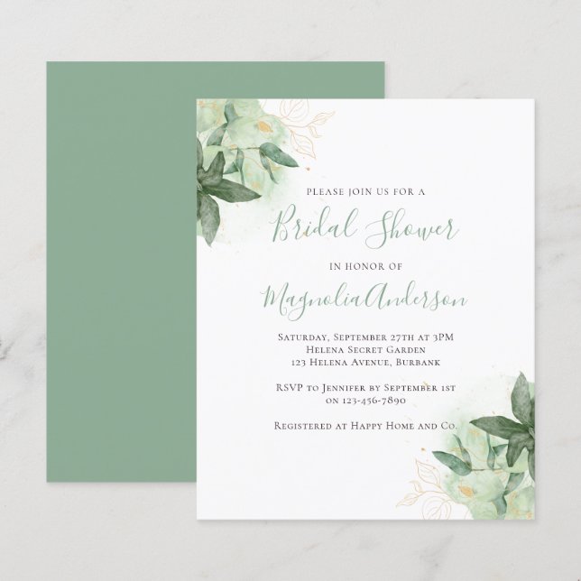 Papier Invitation à la douche nuptiale en or Budget Green (Devant / Derrière)