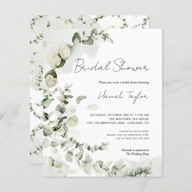 Papier Invitation à la douche nuptiale Eucalyptus Budget (Devant / Derrière)