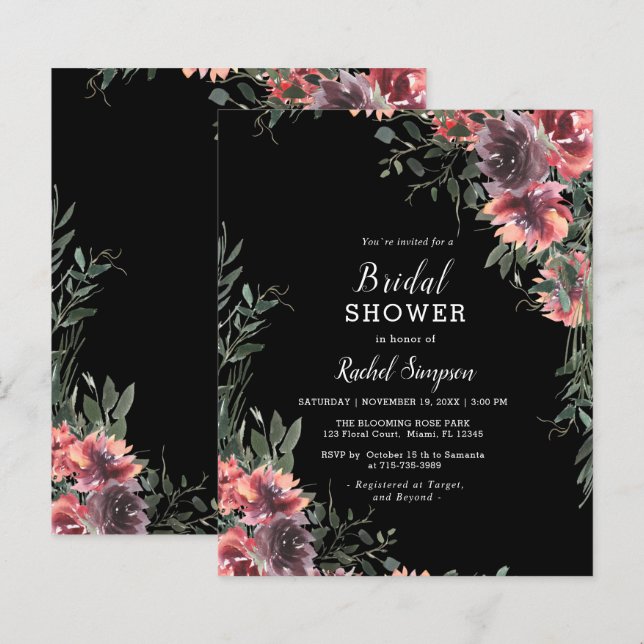 Papier Invitation à la douche nuptiale noire florale Budg (Devant / Derrière)