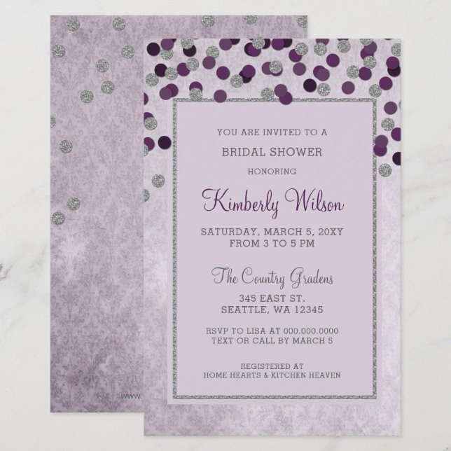 Papier Invitation à la douche nuptiale Purple Confetti Bu (Devant / Derrière)