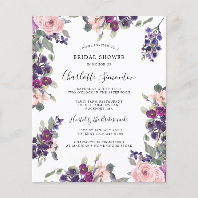 Papier Invitation à la douche nuptiale rose violet budget (Devant)