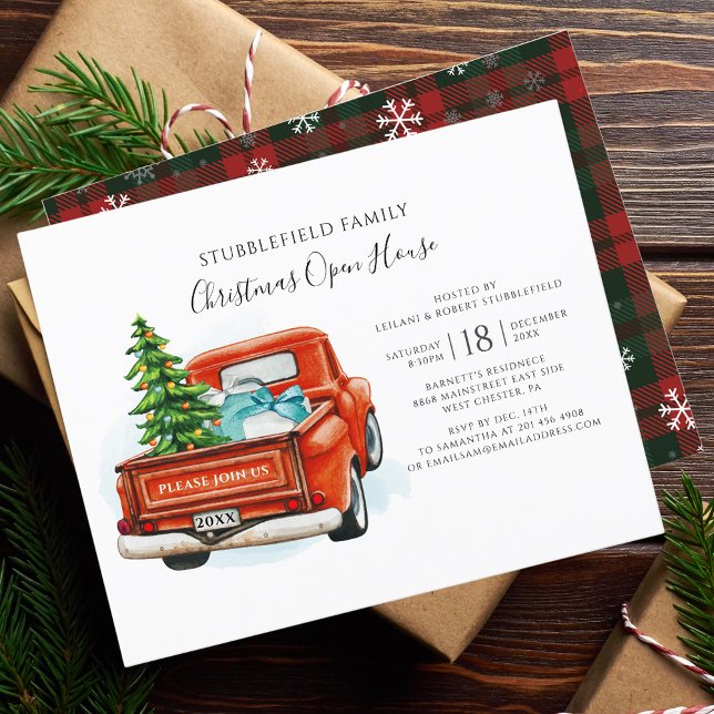 Papier Invitation à la fête de Noël avec camionnette roug (Rustic Plaid Snowflakes Vintage Red Truck Christmas Party Invitation)