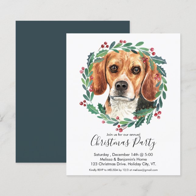 Papier Invitation à la fête de Noël du chien Beagle du bu (Devant / Derrière)