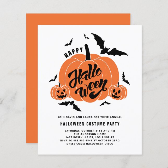 Papier Invitation à la fête d'Halloween des Citrouilles É (Devant / Derrière)