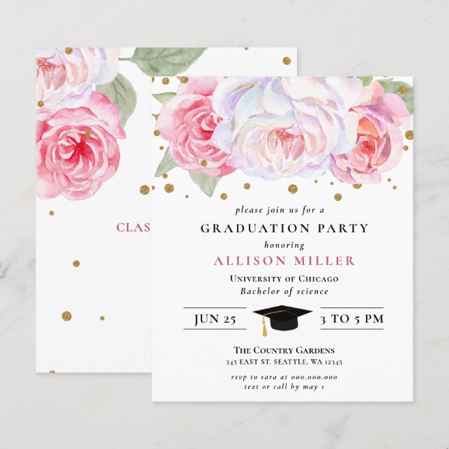 Papier Invitation à la graduation Florale Pink Or Budget (Devant / Derrière)