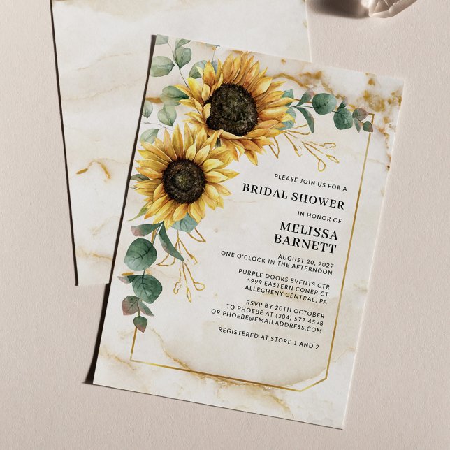 Papier Invitation à la nuptiale florale de tournesol (Sunflower Eucalyptus Bridal Shower with Marble Background Invitation)