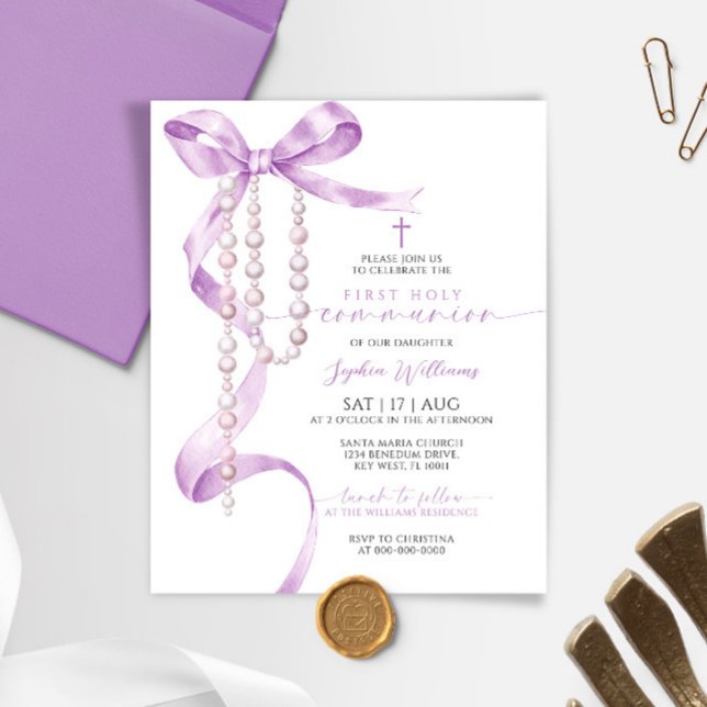 Papier Invitation à la première communion de Lavender Bow (Créateur téléchargé)