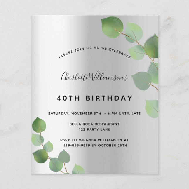 Papier Invitation à l'eucalyptus argenté d'anniversaire b (Devant)