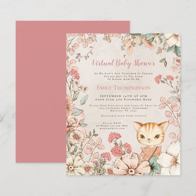 Papier Invitation à une Baby Shower Virtuelle Fille Chatt (Devant / Derrière)