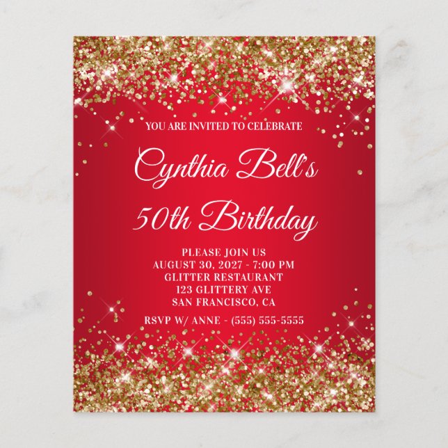 Papier Invitation Anniversaire 50 Ans Dégradé Rouge Paill (Devant)