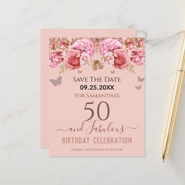 Papier Invitation anniversaire 50 ans Fleur Rose (Devant/Arrière en situation)