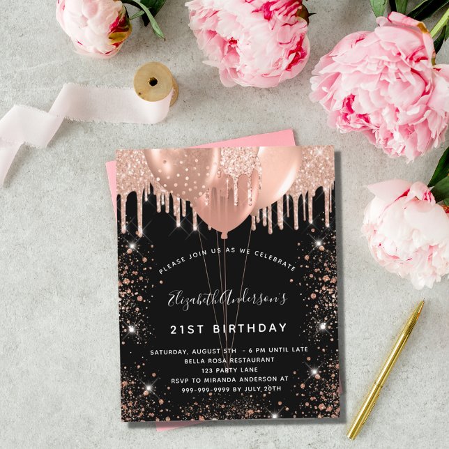 Papier Invitation anniversaire ballons noir rose gold (Créateur téléchargé)