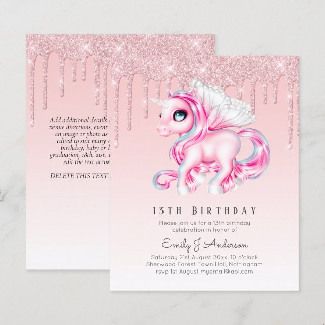 Papier INVITATION Anniversaire de enfant BUDGET Pink Unic (Devant / Derrière)