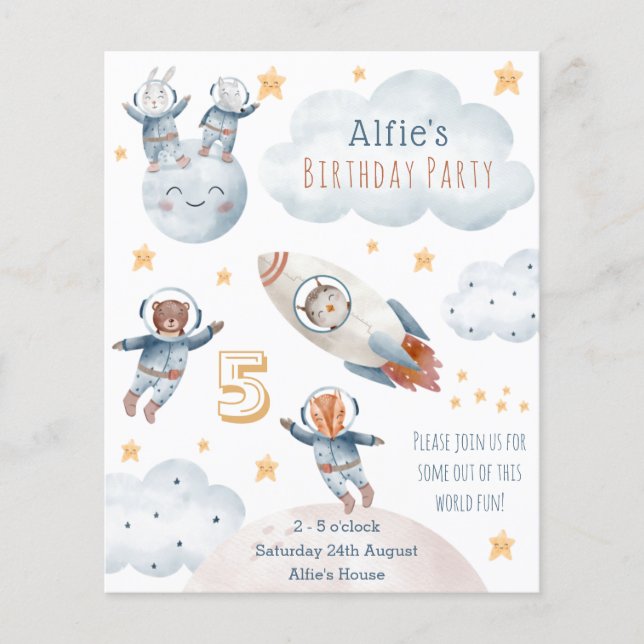 Papier Invitation Anniversaire de l'astronaute-fusée (Devant)