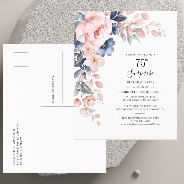 Papier Invitation anniversaire surprise 75 ans à fleurs r (Pink Floral 75th Surprise Birthday Invitation)