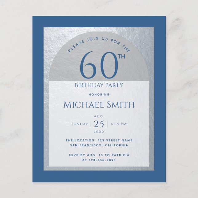 Papier Invitation argent classique bleu pour 60 ans (Devant)