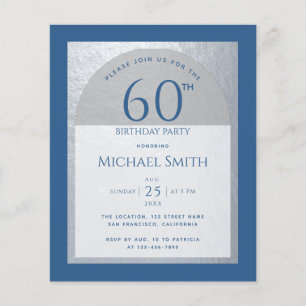Papier Invitation argent classique bleu pour 60 ans