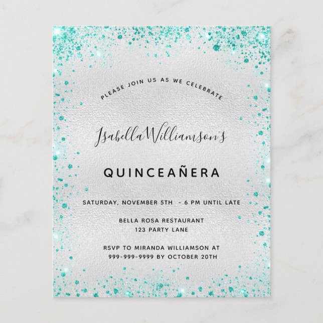 Papier Invitation argent paillettes sarcelle pour Quincea (Devant)