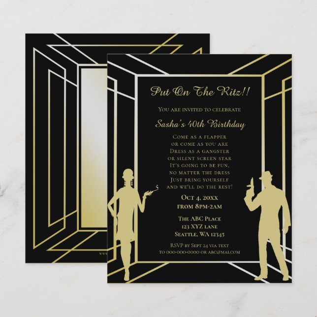 Papier Invitation Art Déco de Fille Flapper Budget Roarin (Devant / Derrière)