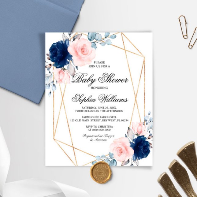 Papier Invitation au Baby shower bleu rose et marine Budg (Créateur téléchargé)