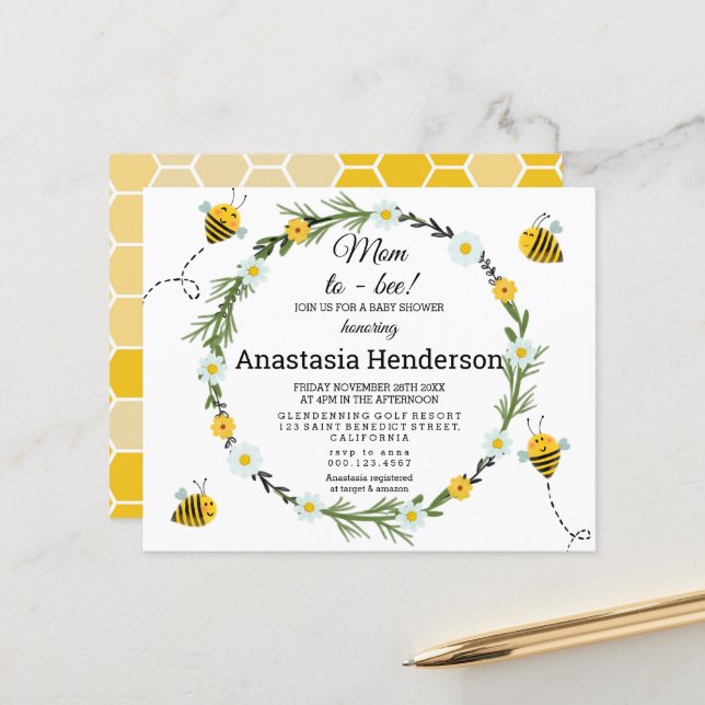 Papier Invitation au Baby shower budgétaire. (Devant/Arrière en situation)