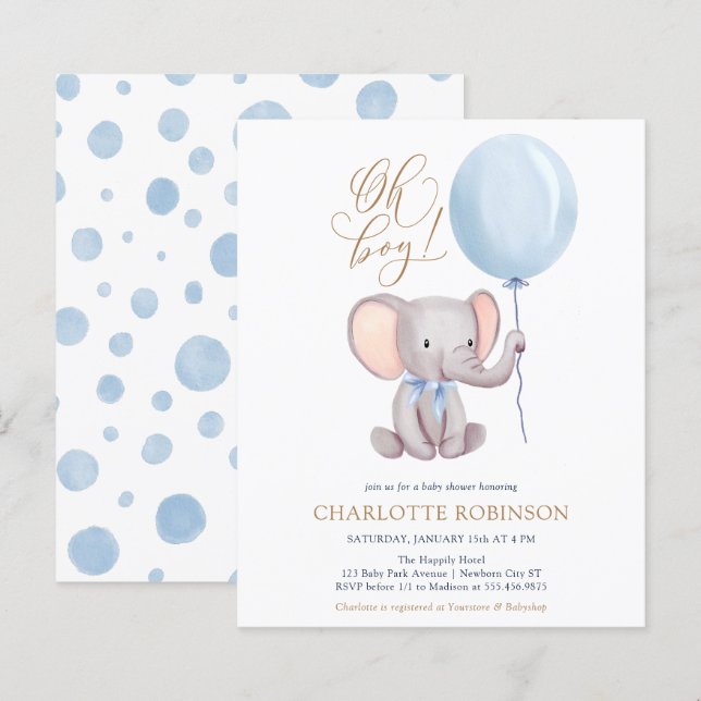 Papier Invitation au Baby shower de ballons éléphant budg (Devant / Derrière)