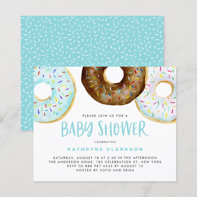 Papier Invitation au Baby shower de Donuts Bleus et Choco (Devant / Derrière)