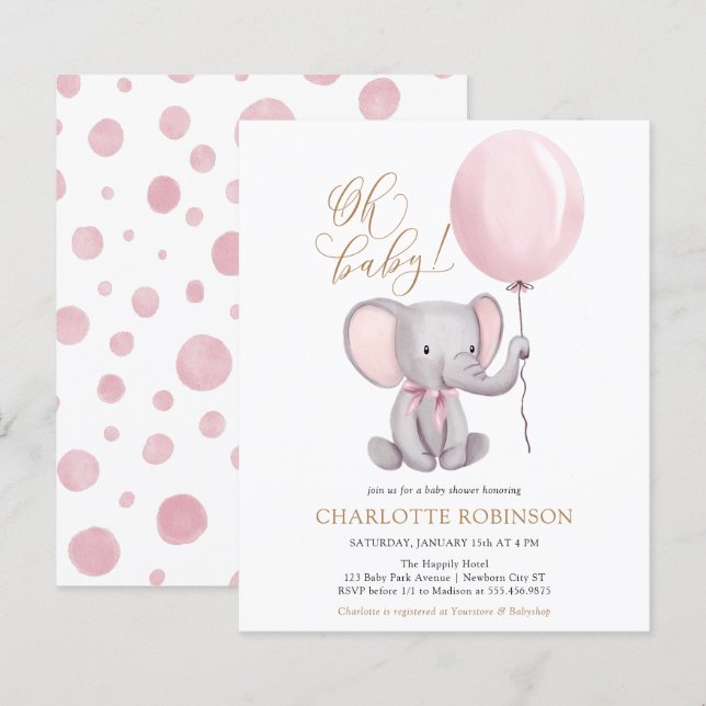 Papier Invitation au Baby shower de fille d'éléphant rose (Devant / Derrière)