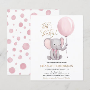 Papier Invitation au Baby shower de fille d'éléphant rose