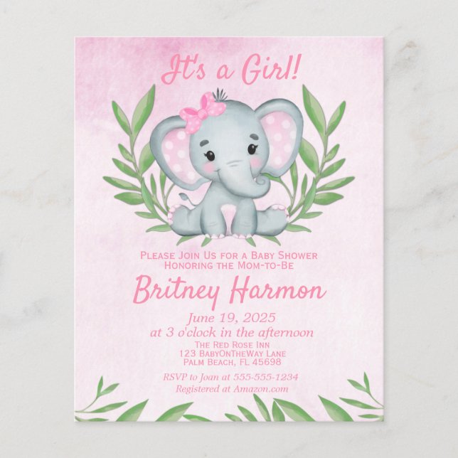 Papier Invitation au Baby shower de fille d'éléphant rose (Devant)
