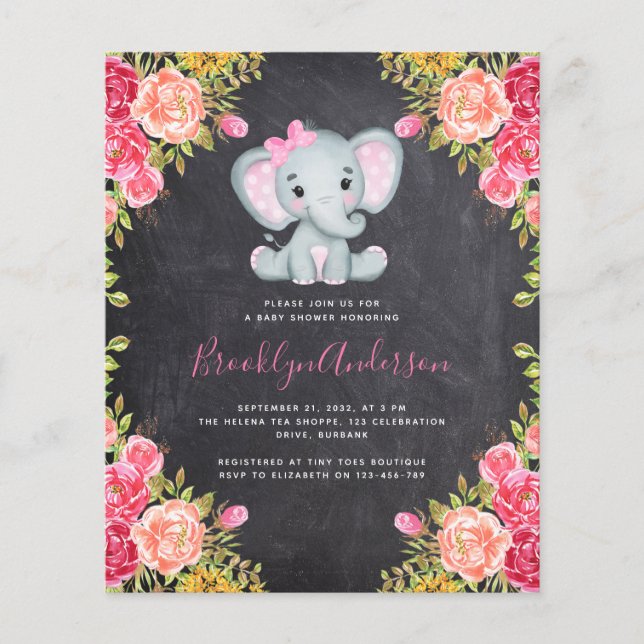 Papier Invitation au Baby shower de la fille éléphante BU (Devant)