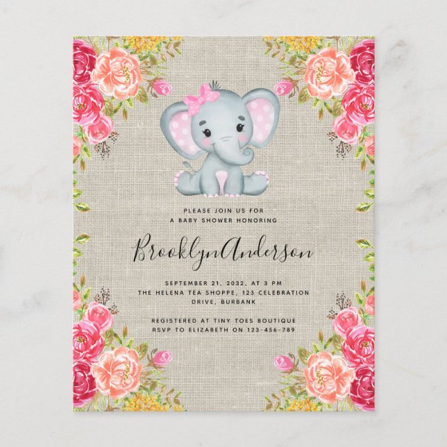 Papier Invitation au Baby shower de la fille éléphante BU (Devant)