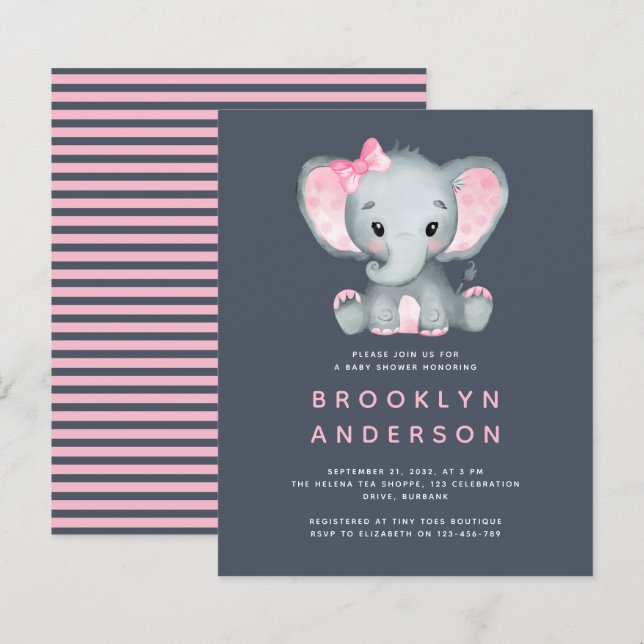 Papier Invitation au Baby shower de la fille éléphante BU (Devant / Derrière)
