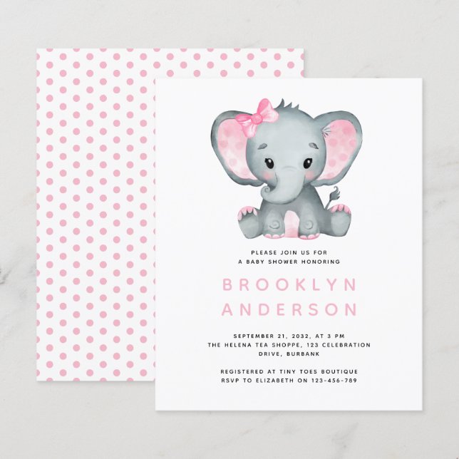 Papier Invitation au Baby shower de la fille éléphante BU (Devant / Derrière)