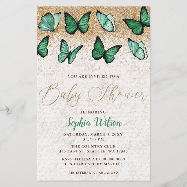 Papier Invitation au Baby shower de papillon vert Budget (Devant)