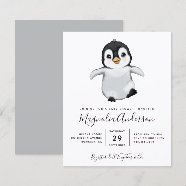 Papier Invitation au Baby shower de pingouin mignon du bu (Devant / Derrière)