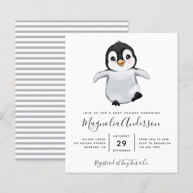Papier Invitation au Baby shower de pingouin mignon du bu (Devant / Derrière)